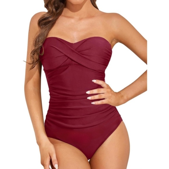 NWT Yonique one piece swim suit - maroon/wine colored - size L tummy control - Picture 2 of 6